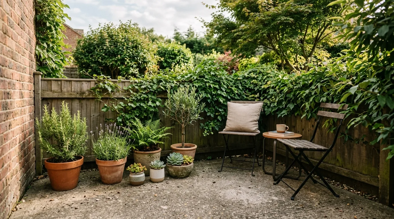 Tiny Concrete Patio with Planters